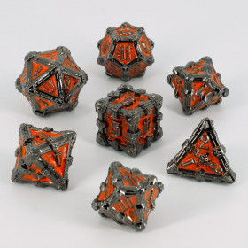 Dados RPG Metálicos Oscuro y Naranja Nigromante